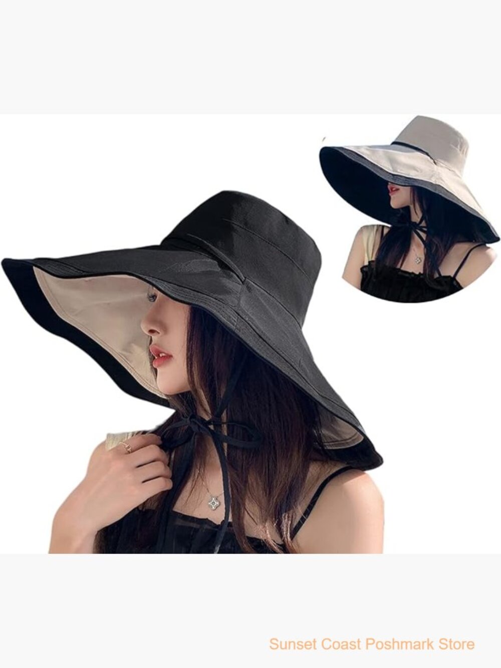 Wide Brim Reversible Sun Hat with Chin Tie - Black/Cream